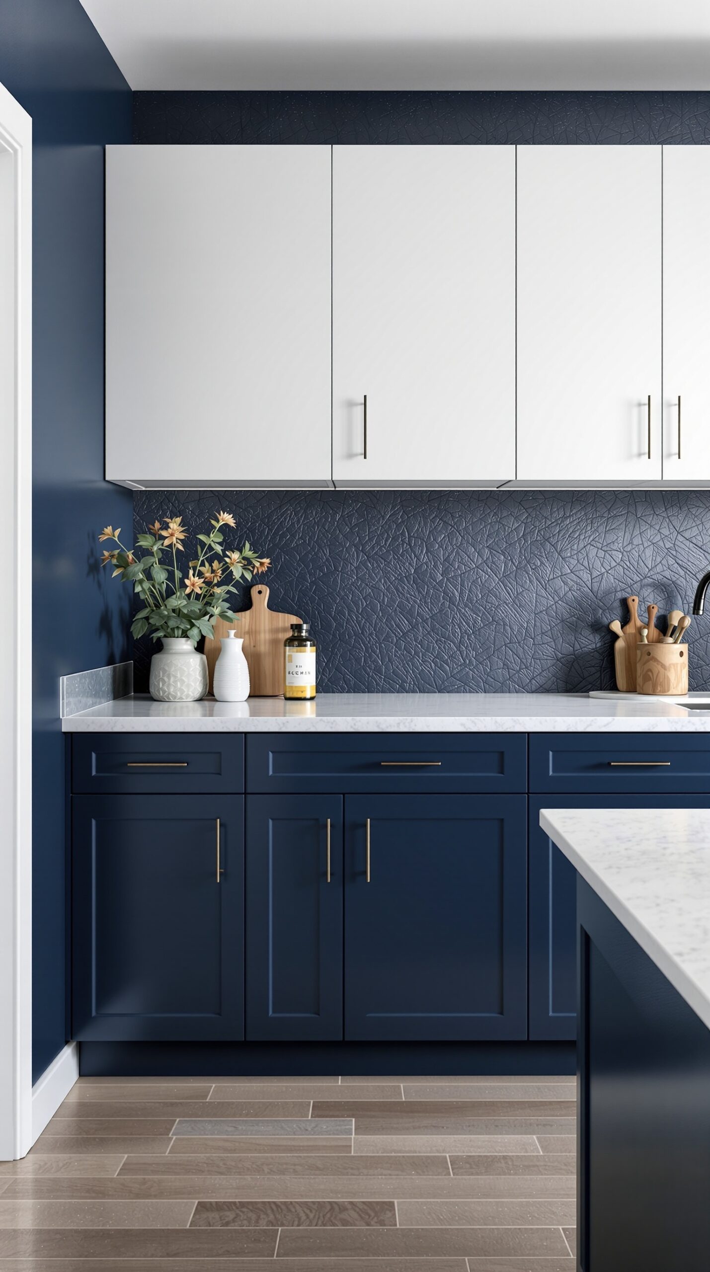 31+ Stylish Navy Blue Kitchen Ideas to Inspire Your Home 9 A kitchen featuring textured navy blue walls, white cabinets, and decorative elements.