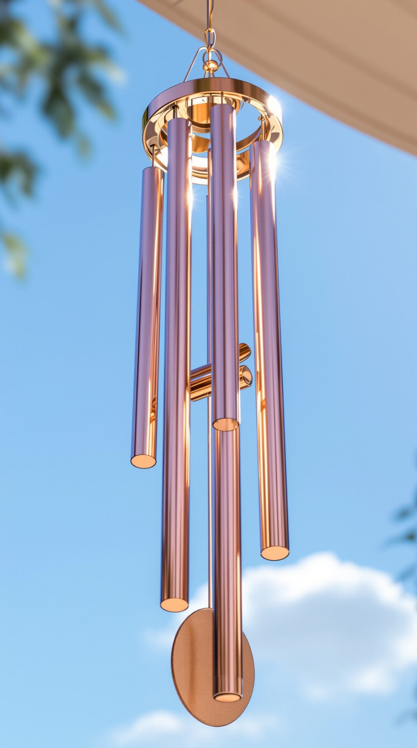 27+ DIY Wind Chime Ideas You Can Make on a Budget (Beautiful & Easy Projects) 4 Copper pipe wind chimes hanging against a blue sky