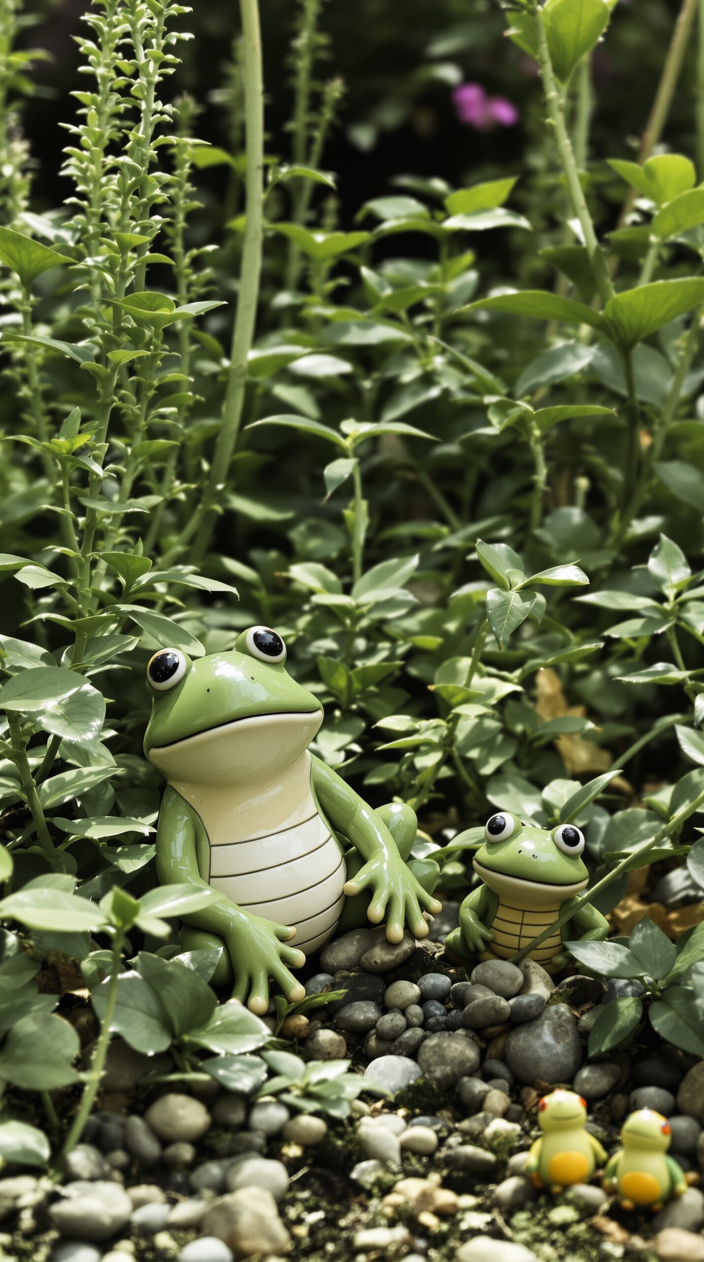 Two ceramic frogs sitting among green plants and stones in a garden.