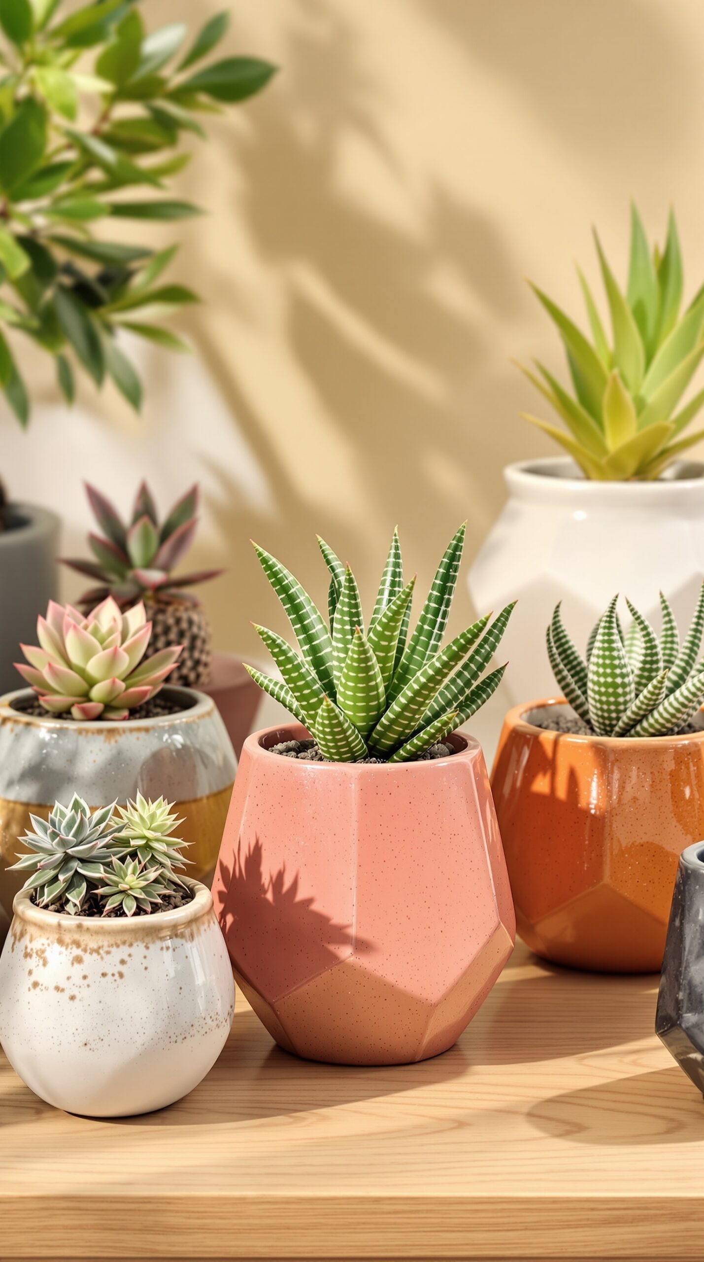 An assortment of stylish ceramic planters with various succulent plants.