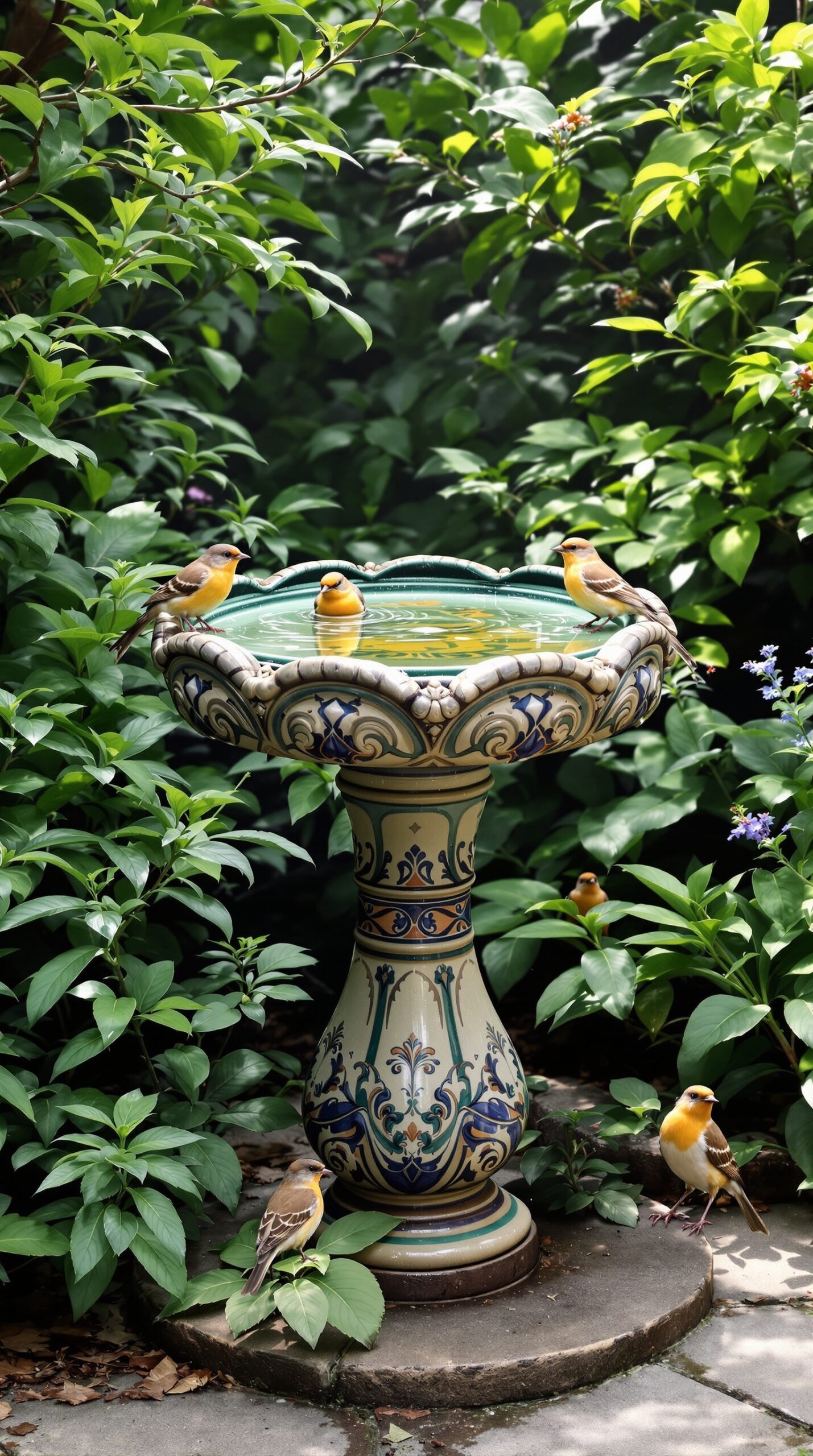 A ceramic birdbath surrounded by green foliage with birds perched on the edge and in the water.