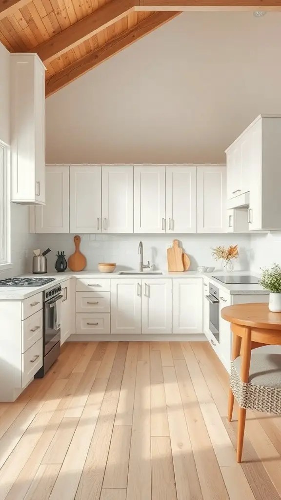 A bright kitchen featuring white cabinets and natural wood accents, with wooden beams on the ceiling.