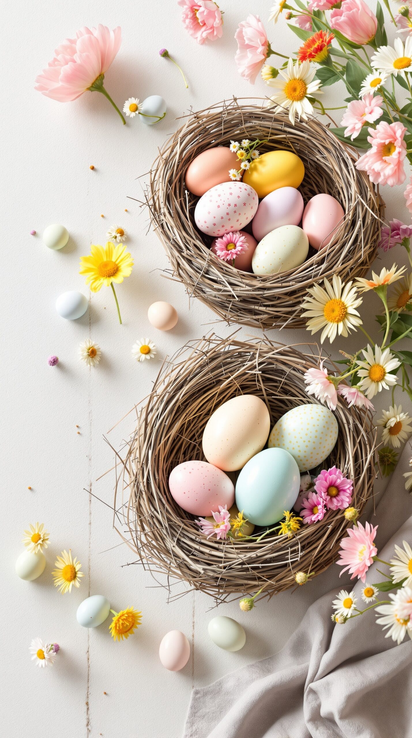 35+ Easter Party Decorations Ideas That Will Make Your Guests Say “Wait… You Did This Yourself?!” 10 Two decorative nesting baskets filled with colorful Easter eggs and surrounded by flowers.