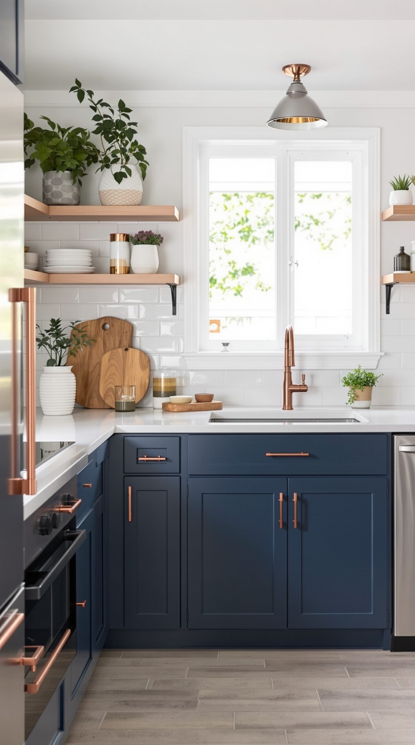 31+ Stylish Navy Blue Kitchen Ideas to Inspire Your Home 15 A modern kitchen featuring navy blue cabinets with copper accents and plants on shelves.