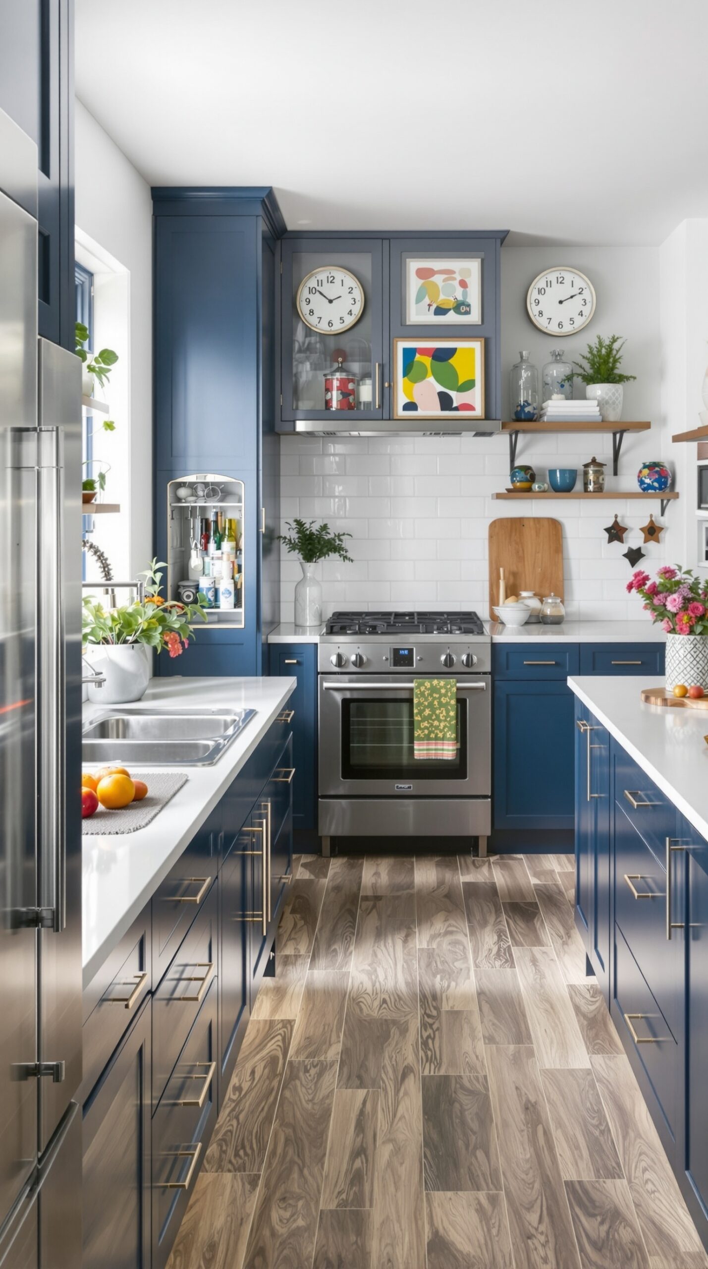 31+ Stylish Navy Blue Kitchen Ideas to Inspire Your Home 10 A modern navy blue kitchen with white countertops and decorative elements.