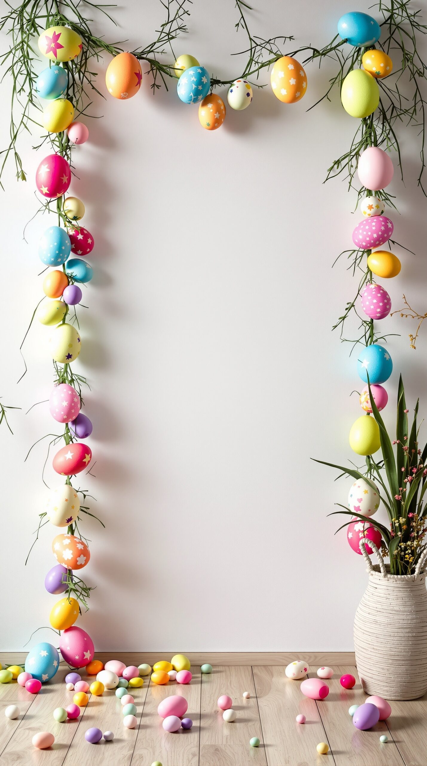 35+ Easter Party Decorations Ideas That Will Make Your Guests Say “Wait… You Did This Yourself?!” 2 A colorful egg garland with various decorated eggs hanging on greenery, with smaller eggs scattered on the floor.