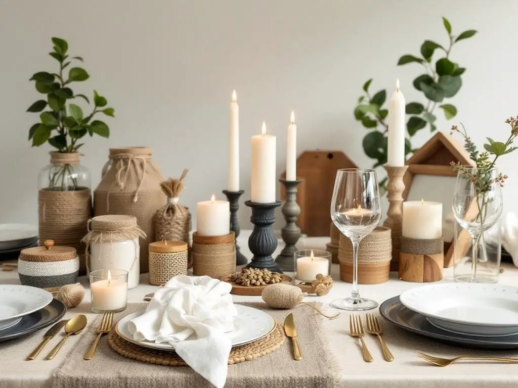 A beautifully arranged dinner table with candles, plants, and rustic decor elements.