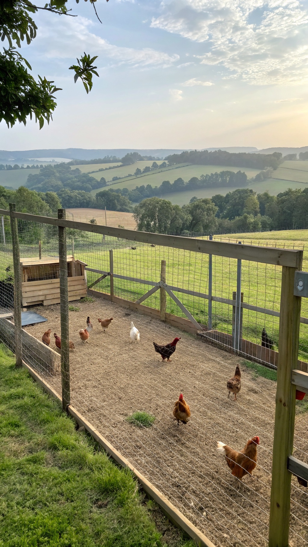 25+ Creative DIY Chicken Pen Ideas for Your Backyard 9 A spacious chicken run with several chickens roaming freely, surrounded by green hills and a clear sky.
