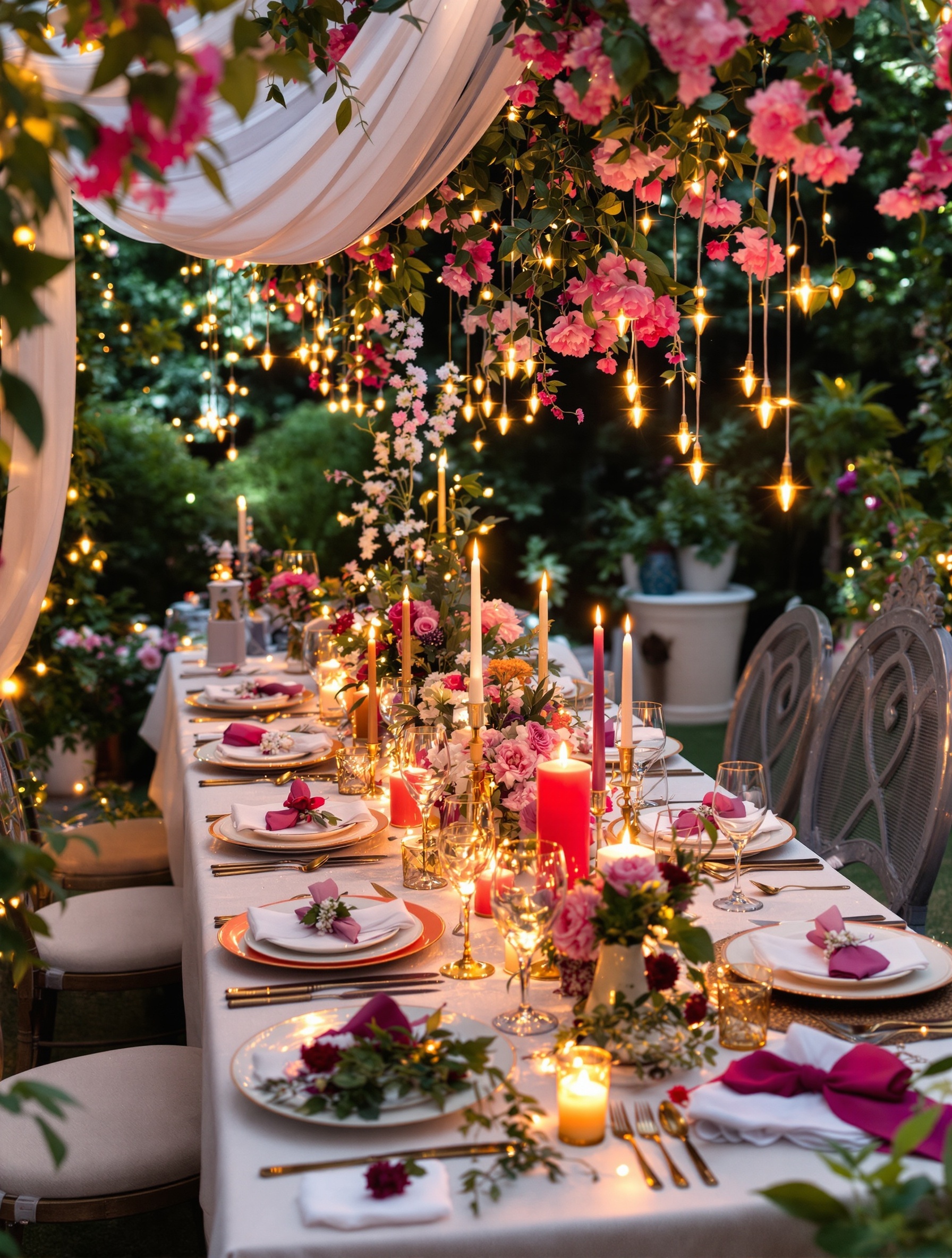 A beautifully set garden dinner table with twinkling lights and colorful flowers.