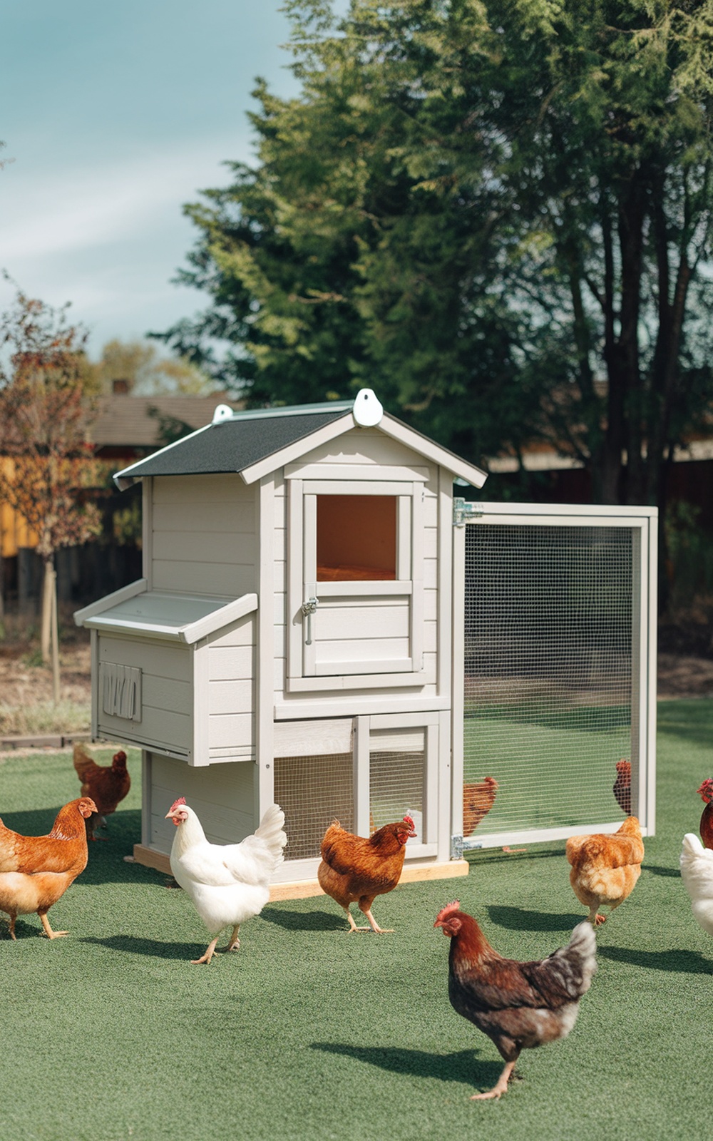 A portable chicken coop with chickens roaming around in a small yard