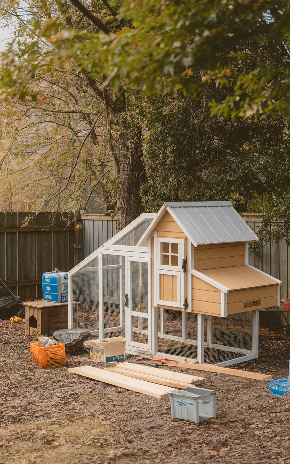 A stylish chicken coop with a sloped roof and mesh panels, set in a backyard.