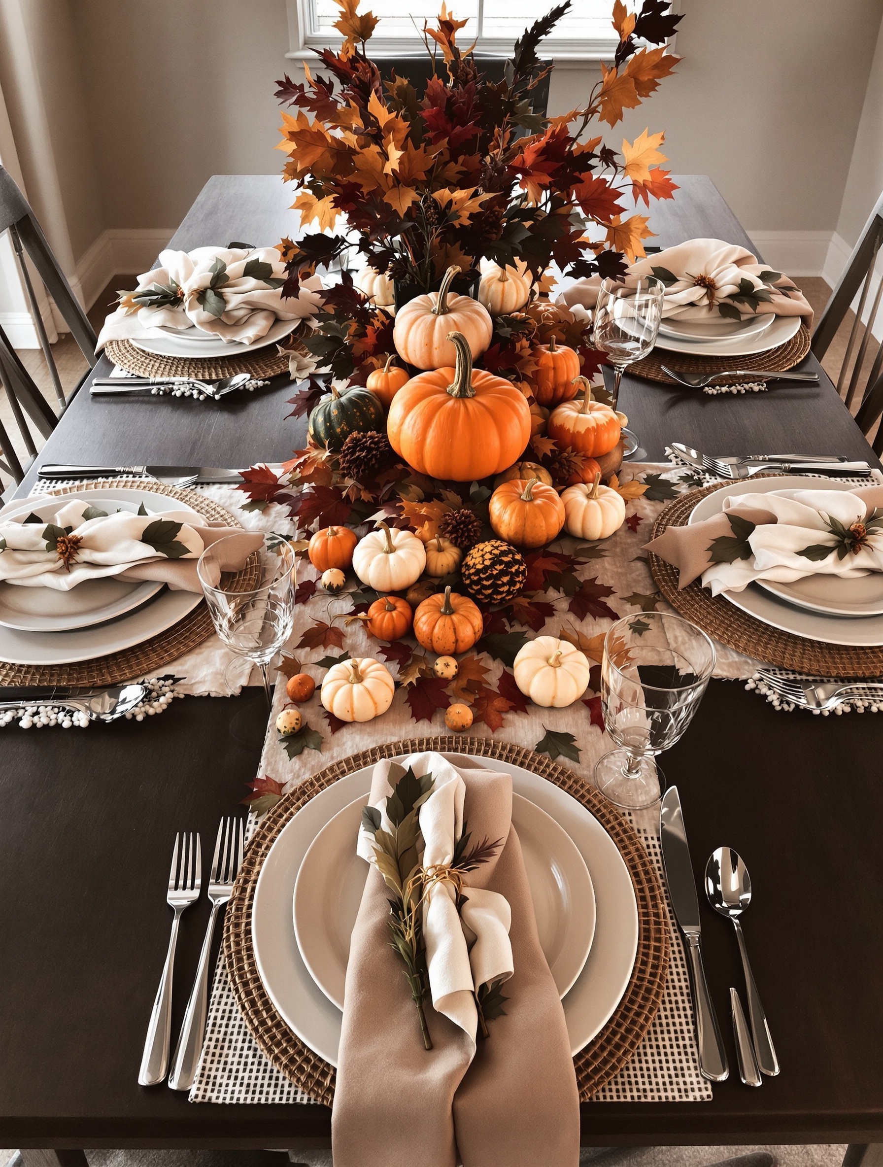 A beautifully arranged autumn dinner table featuring pumpkins, leaves, and elegant tableware.