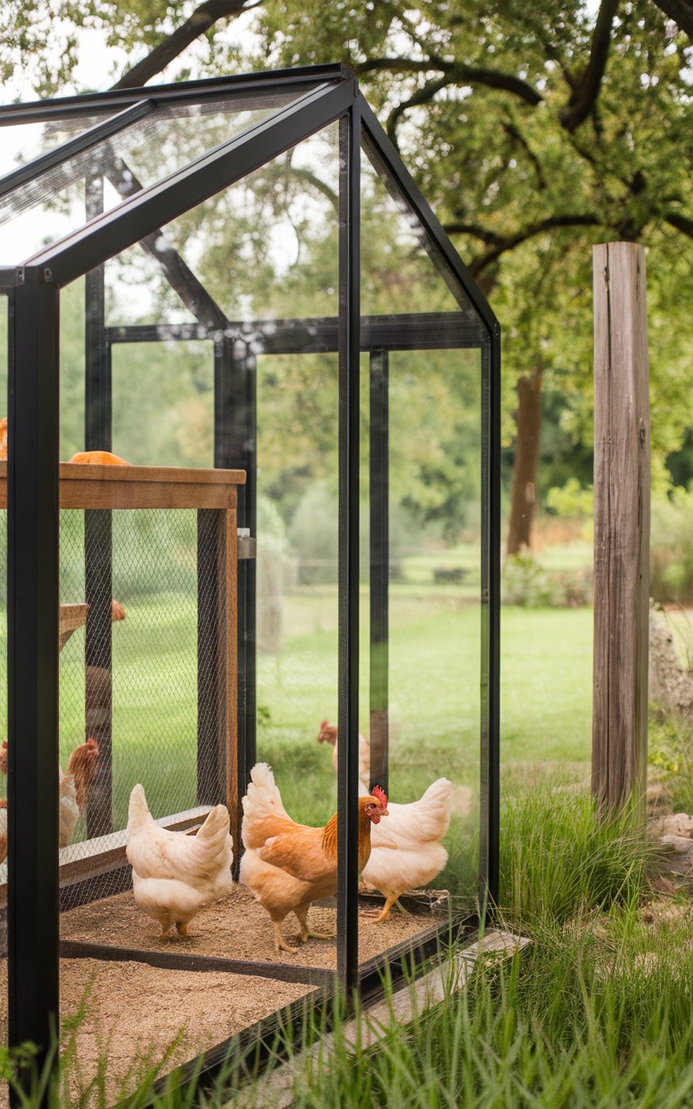 A modern glass chicken coop with chickens roaming outside