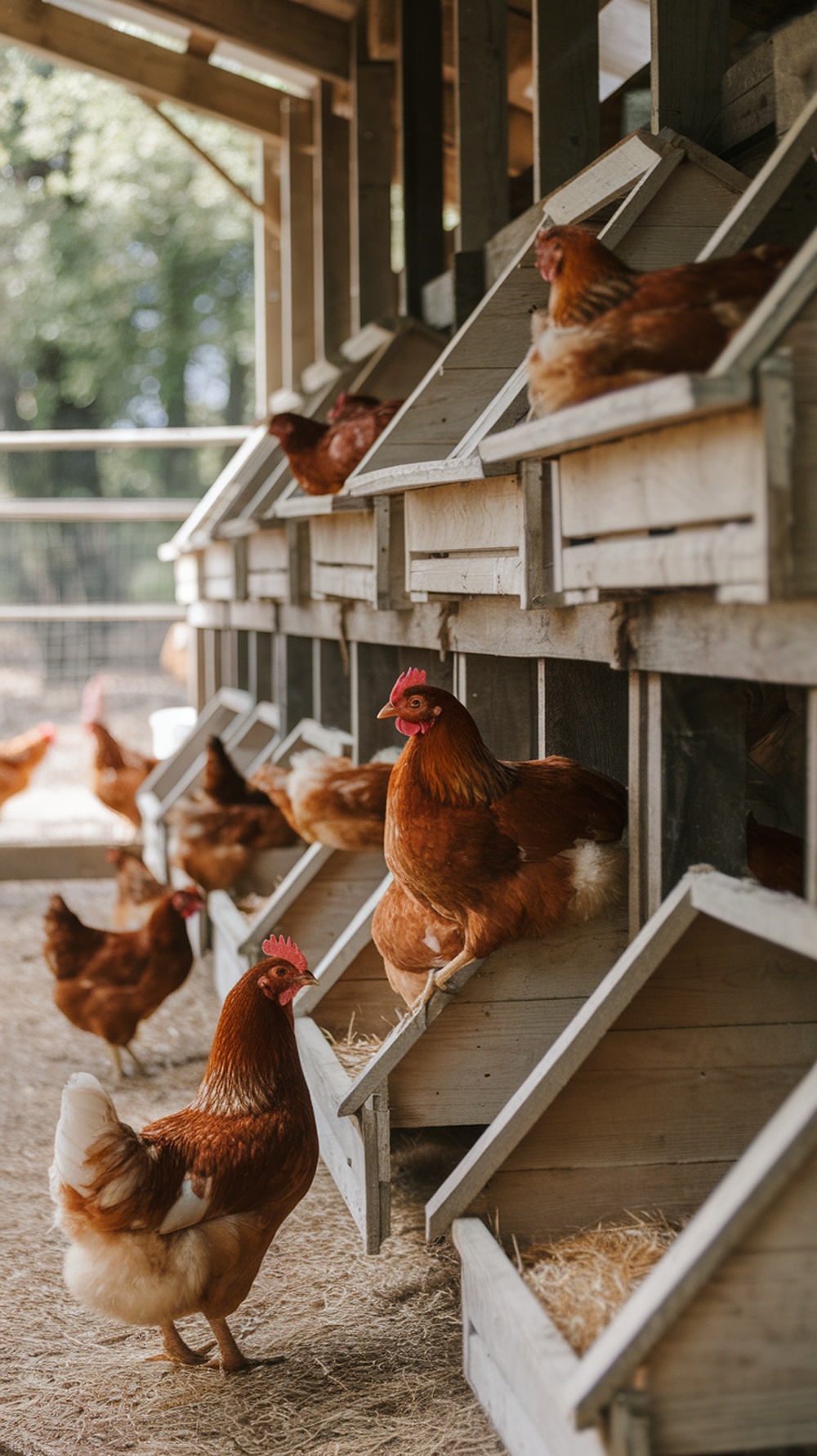 A rustic wooden chicken coop with multiple nesting boxes and chickens roaming around.