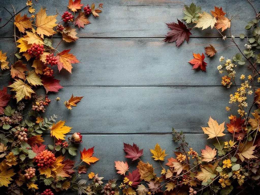 An arrangement of autumn leaves and berries on a wooden surface.
