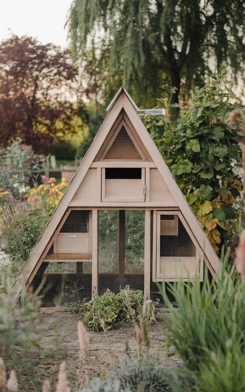 29+ DIY Chicken Coop Plans for a Practical Backyard Setup 2 A wooden A-frame chicken coop surrounded by greenery and flowers