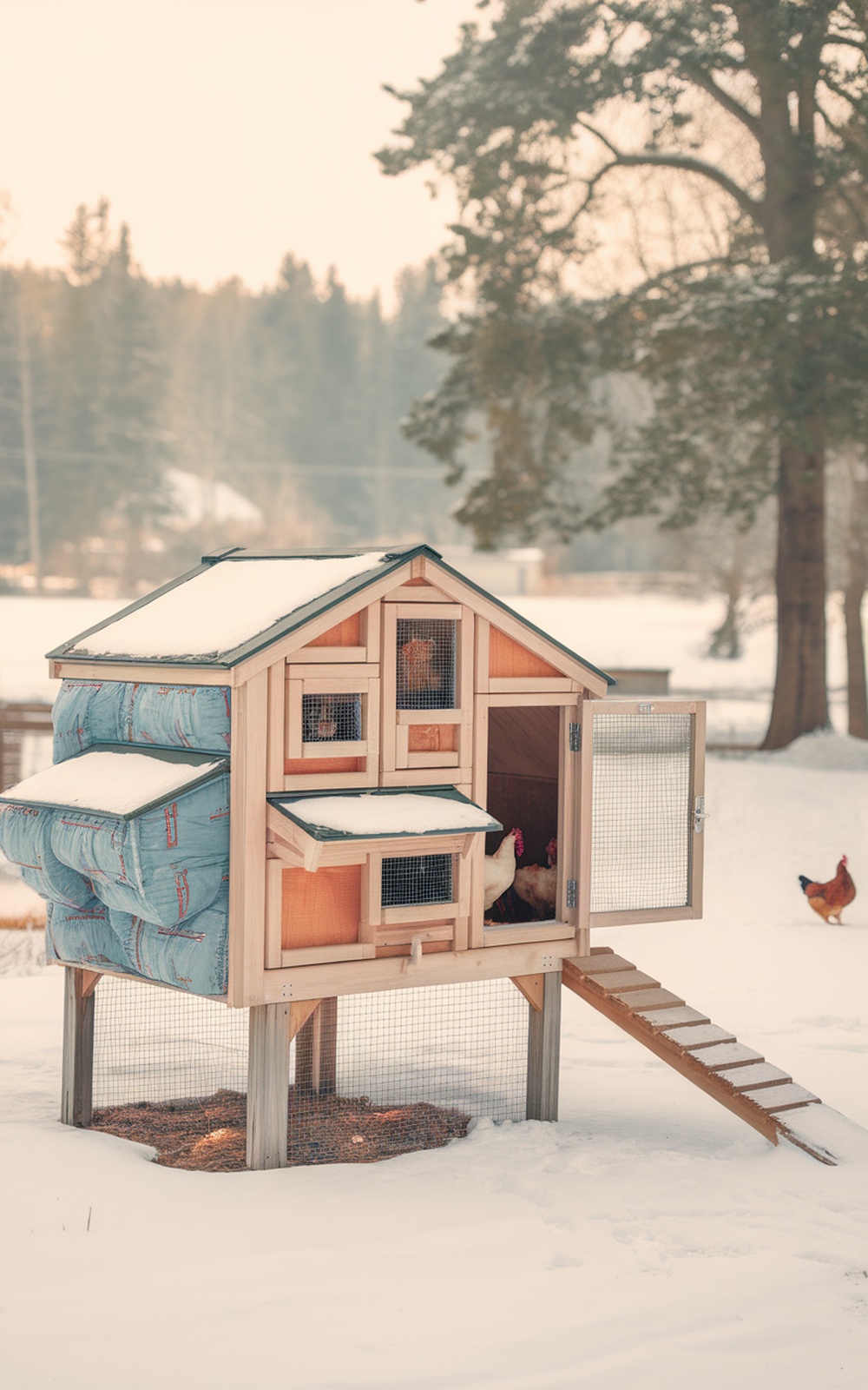 A winter-proof chicken coop with insulation, mesh ventilation, and chickens inside.