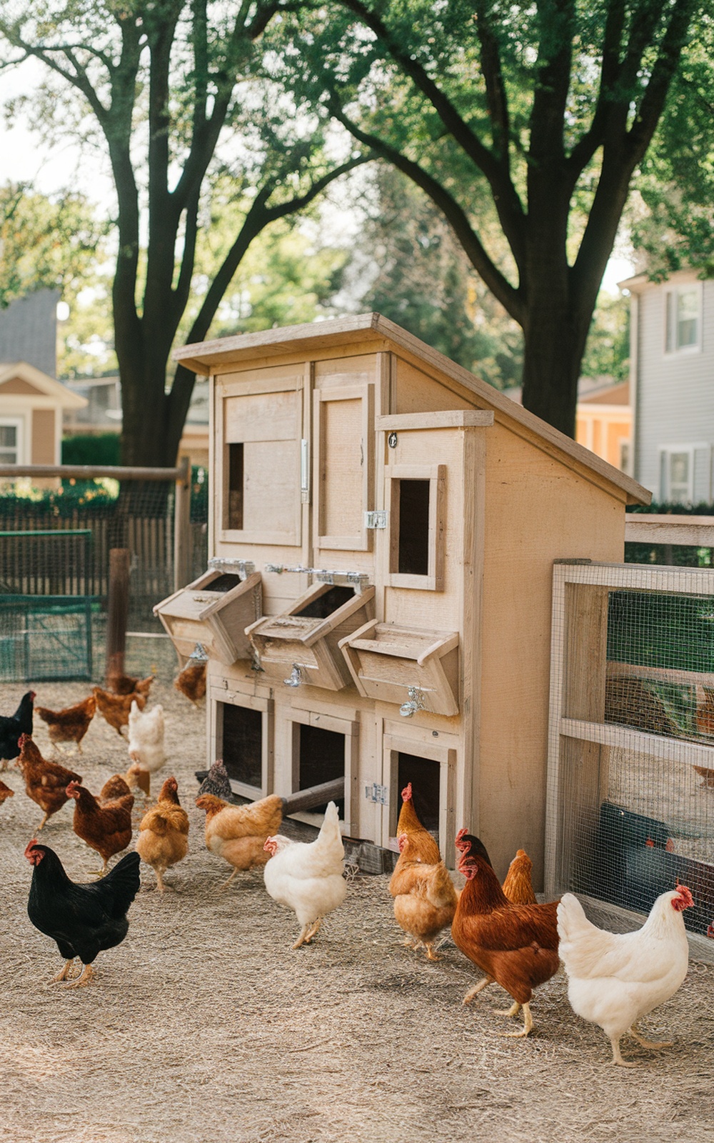 A wooden chicken coop with multiple nesting boxes, surrounded by various chickens in a sunny yard.