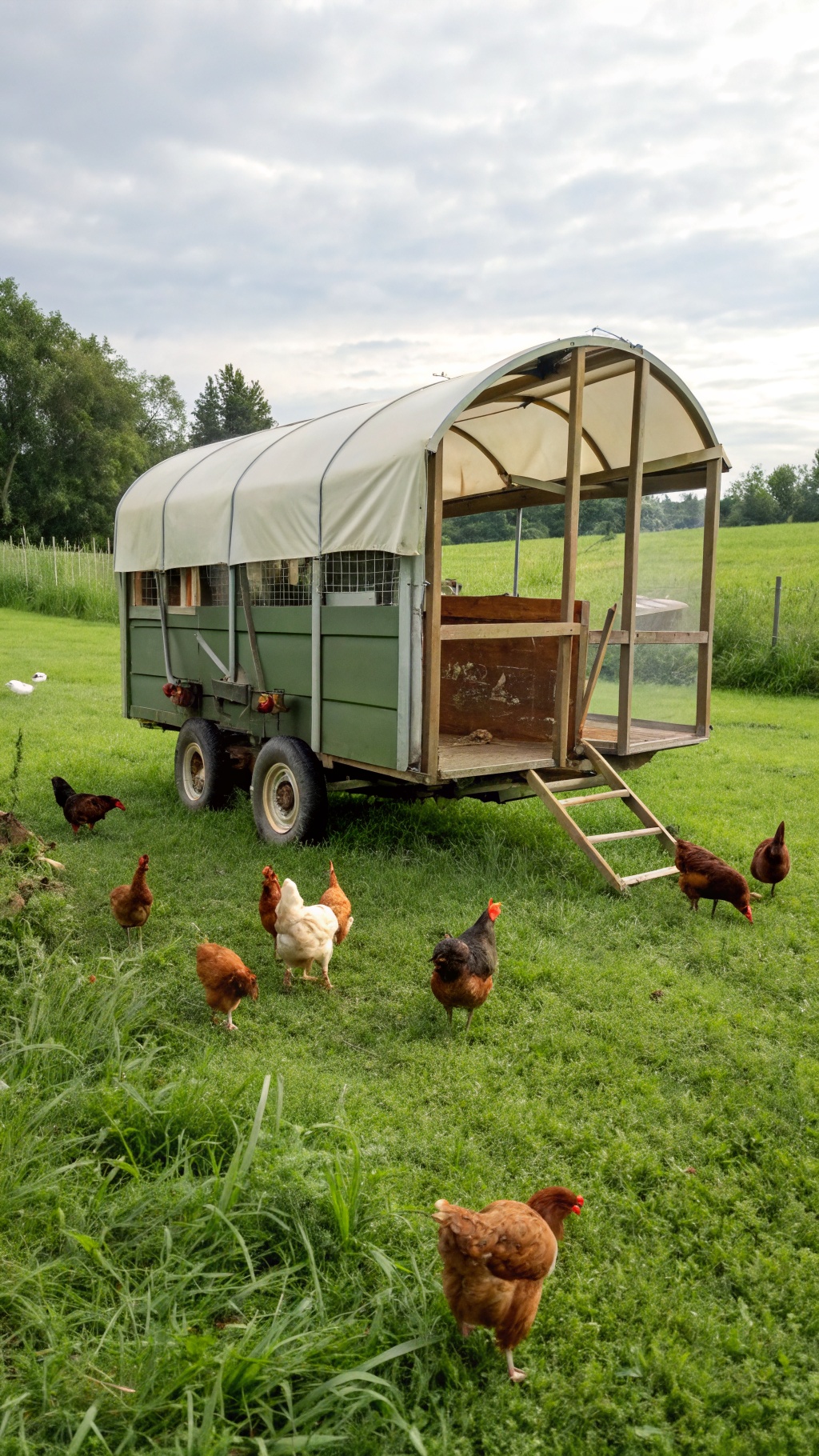 25+ Creative DIY Chicken Pen Ideas for Your Backyard 5 A mobile chicken tractor on wheels with chickens foraging around it in a grassy field.