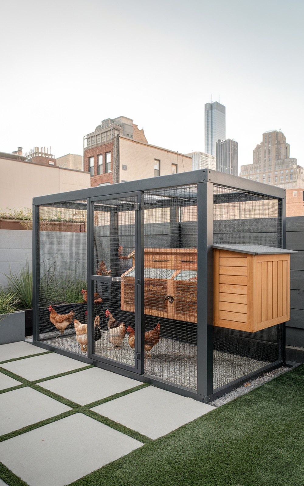 A modern urban chicken coop with a spacious enclosure, featuring a wooden coop inside and surrounded by grass and stone pathways.