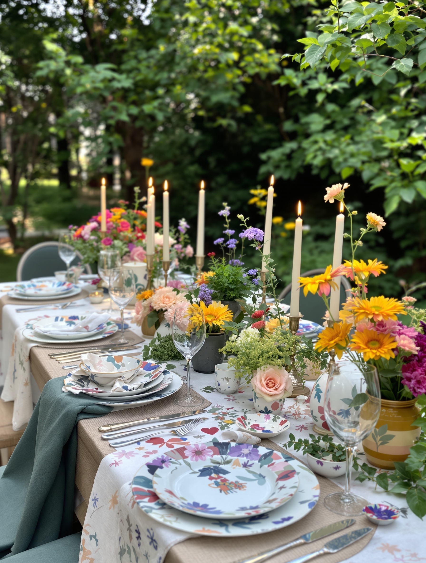 A garden dinner table set with hand-painted dinnerware, fresh flowers, and candles.