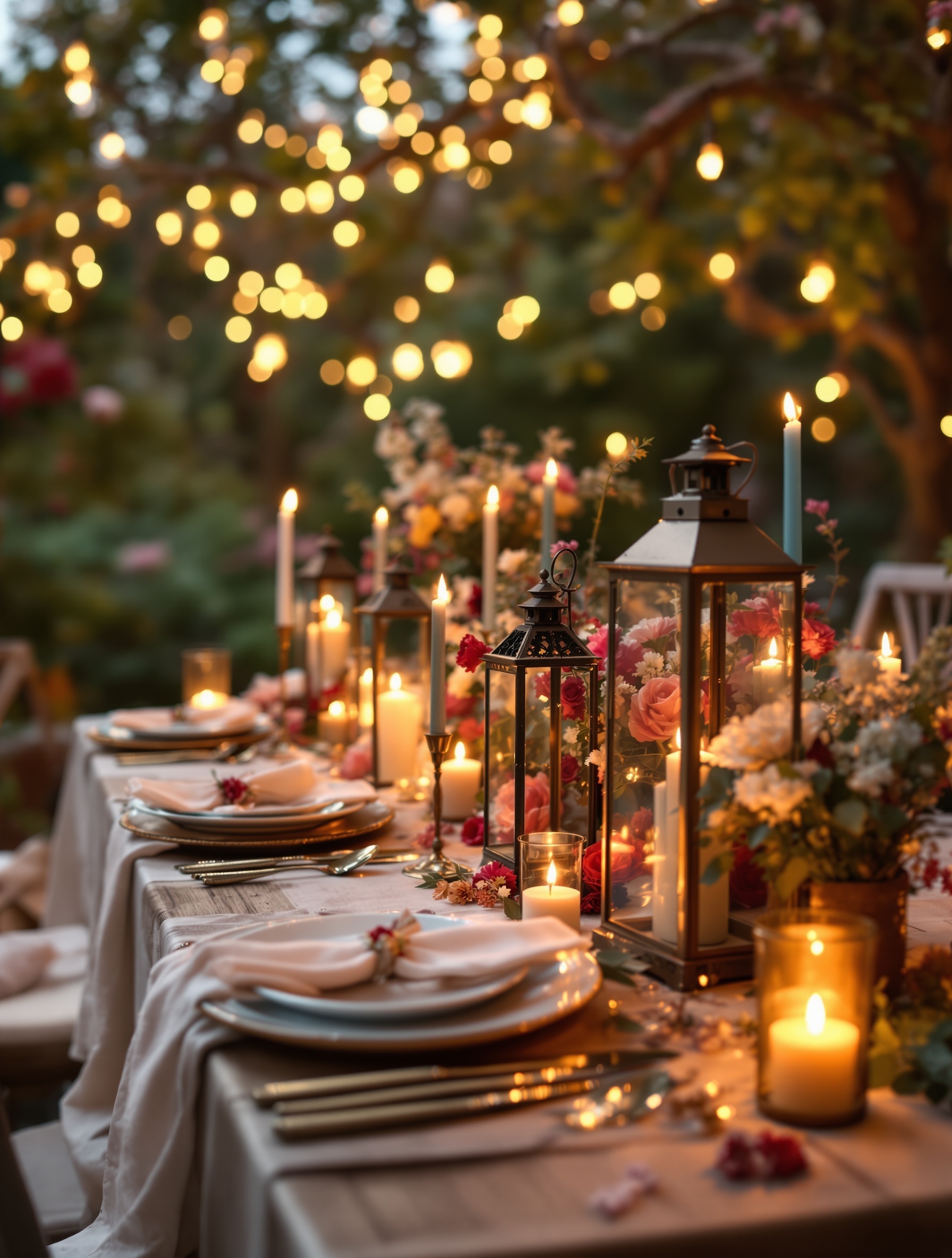 A beautifully set dinner table in a garden with lanterns, candles, and flowers, creating a warm and inviting atmosphere.