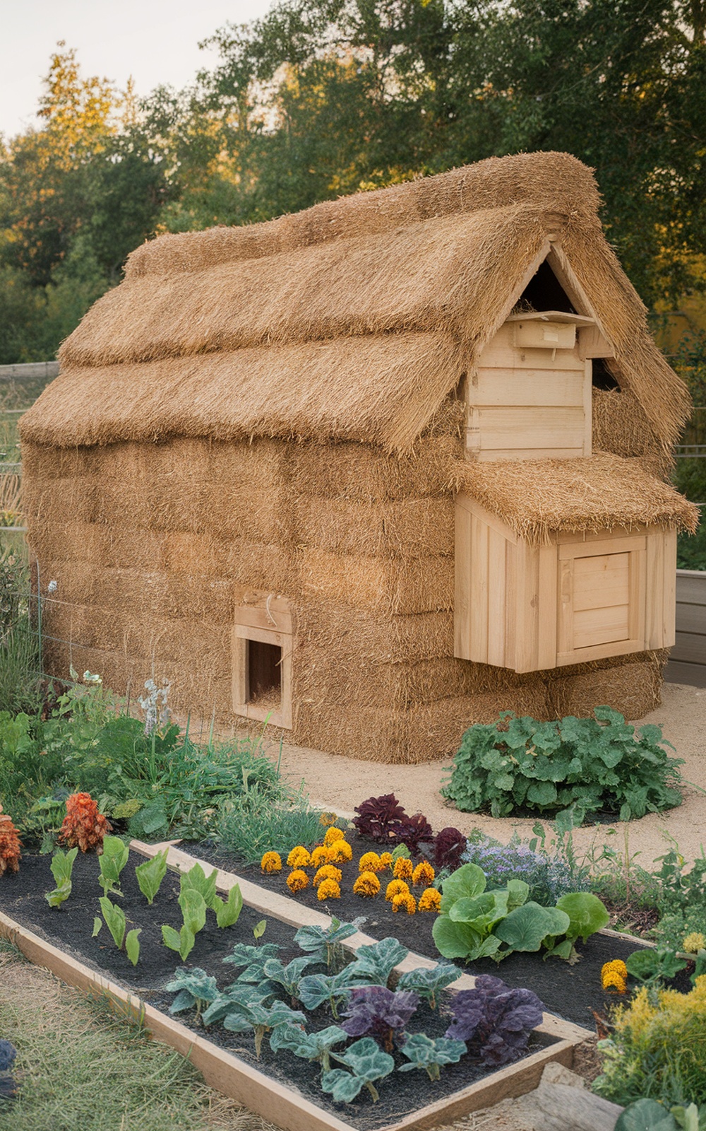 17+ Chicken Coop Plans for 20 Chickens (Spacious & Practical Designs) 6 Eco-friendly straw bale chicken coop with wooden nesting box and surrounding vegetable garden