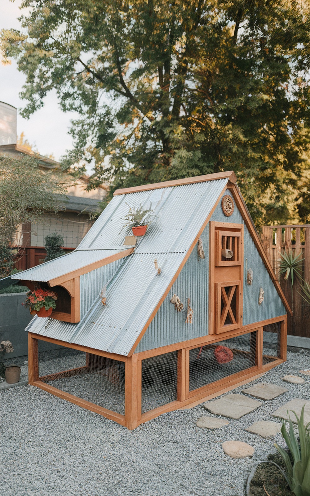 Stylish chicken coop with a sloped metal roof and wooden frame, decorated with plants and hanging elements.