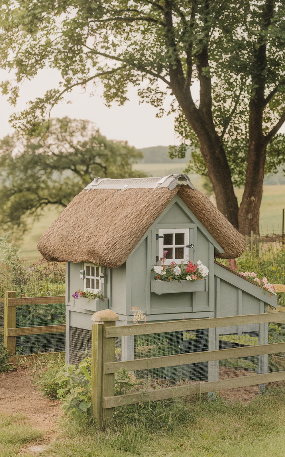 A cozy cottage-style chicken coop with a thatched roof and flower boxes, surrounded by greenery.