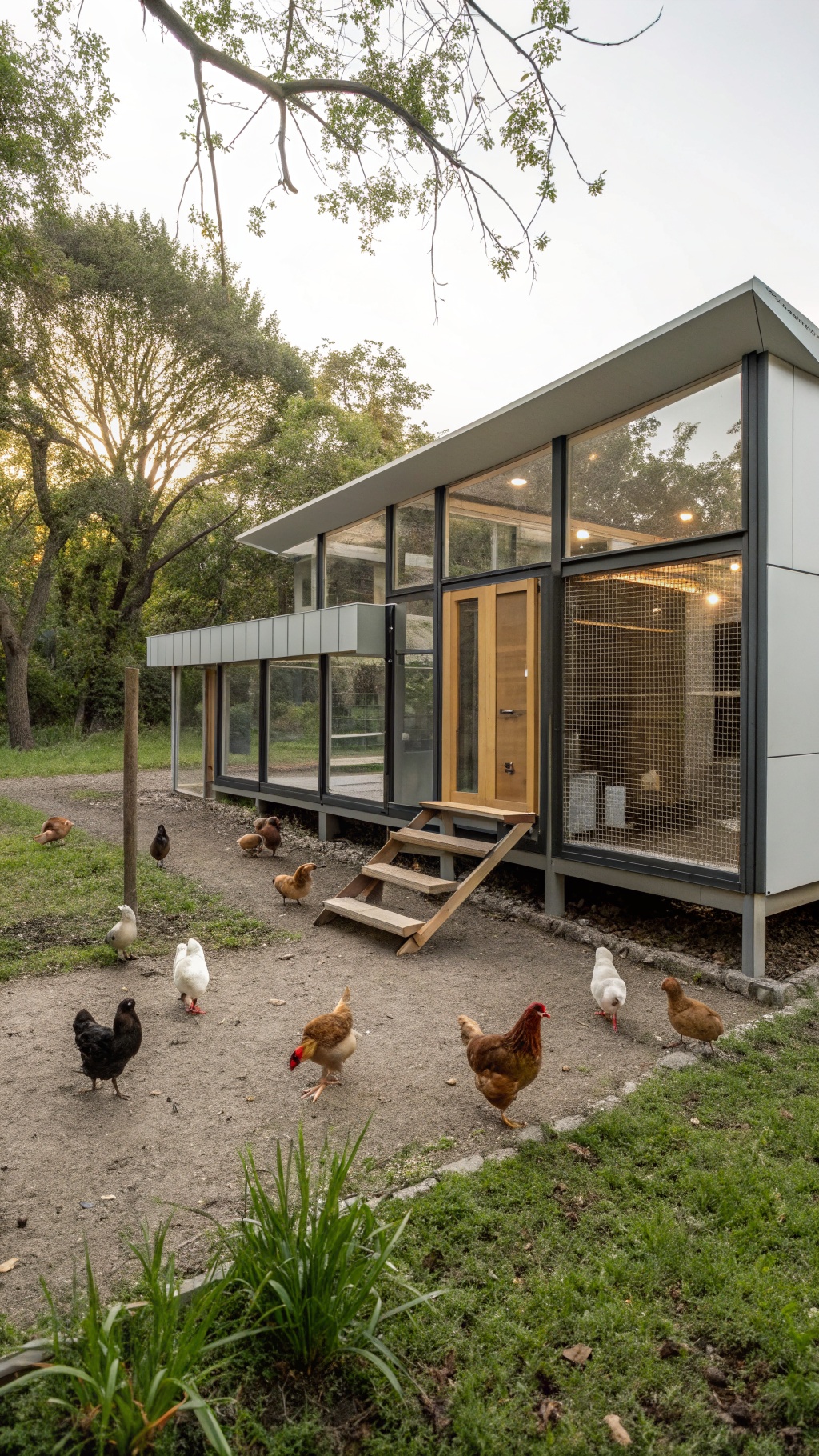 25+ Creative DIY Chicken Pen Ideas for Your Backyard 4 A modern chicken coop with clean lines, large windows, and chickens roaming around.