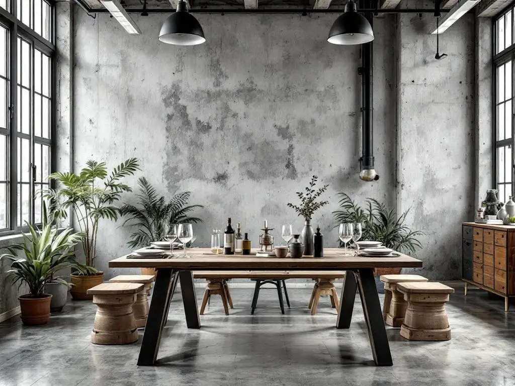 A chic urban loft dining table setting with a wooden table, glassware, and plants.