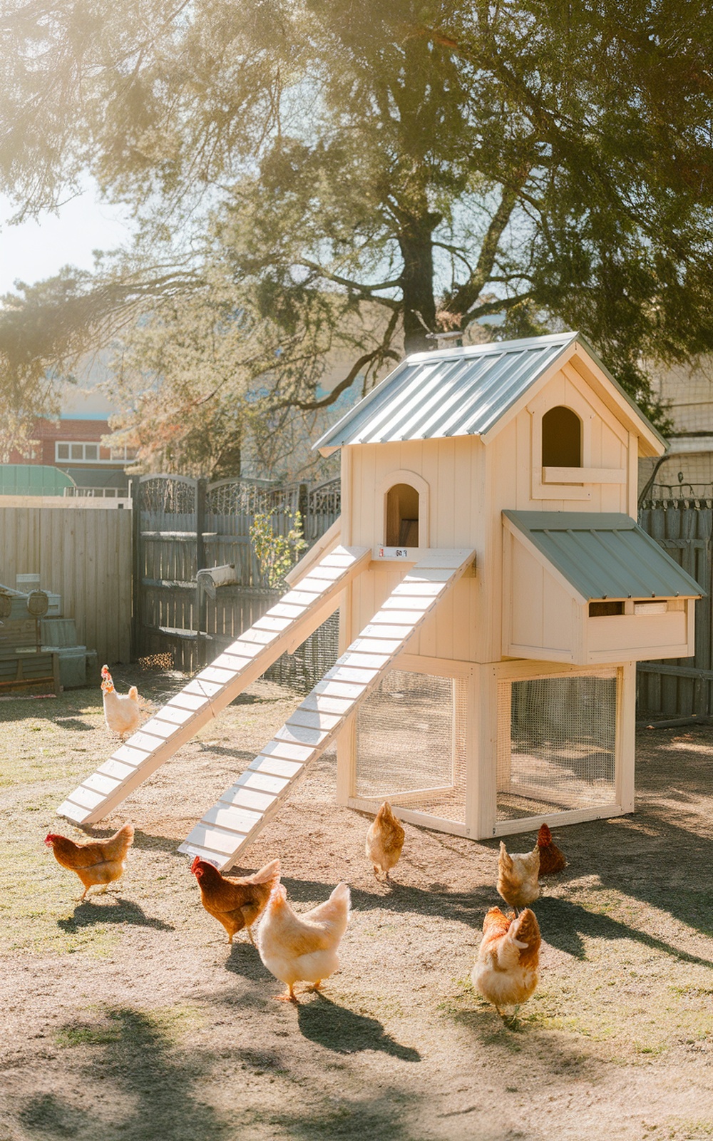 29+ DIY Chicken Coop Plans for a Practical Backyard Setup 6 A multi-story chicken coop with ramps and chickens in a yard.