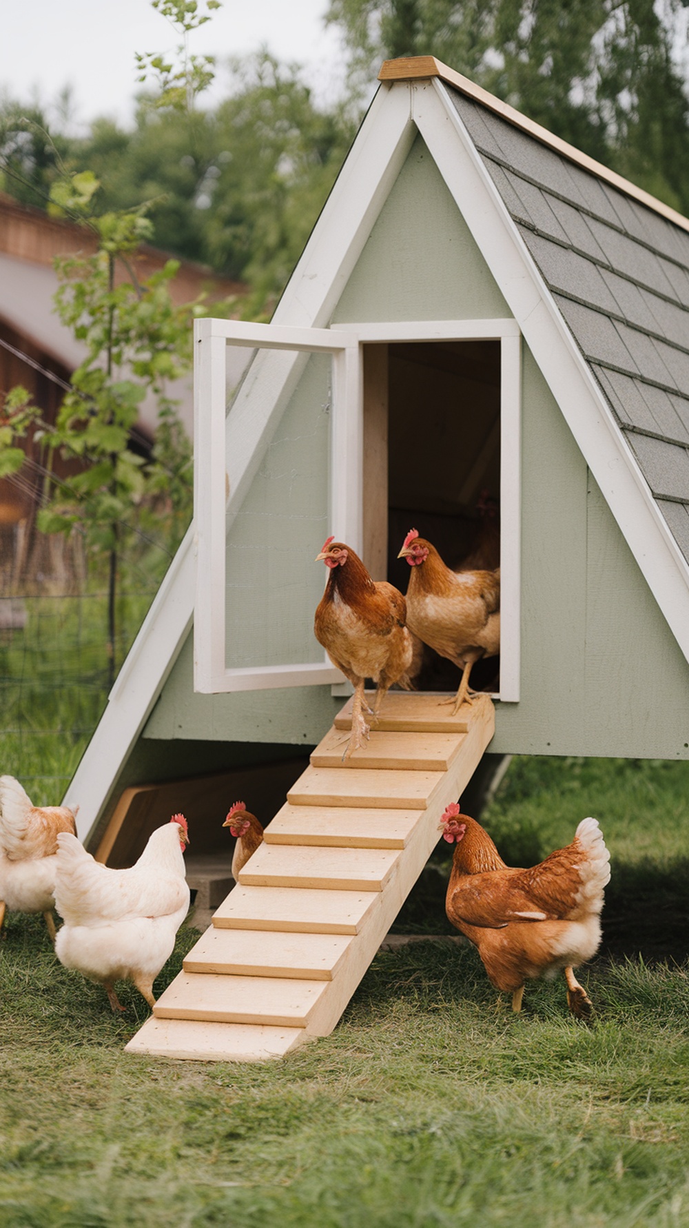 A-frame chicken coop with chickens using a ramp to exit