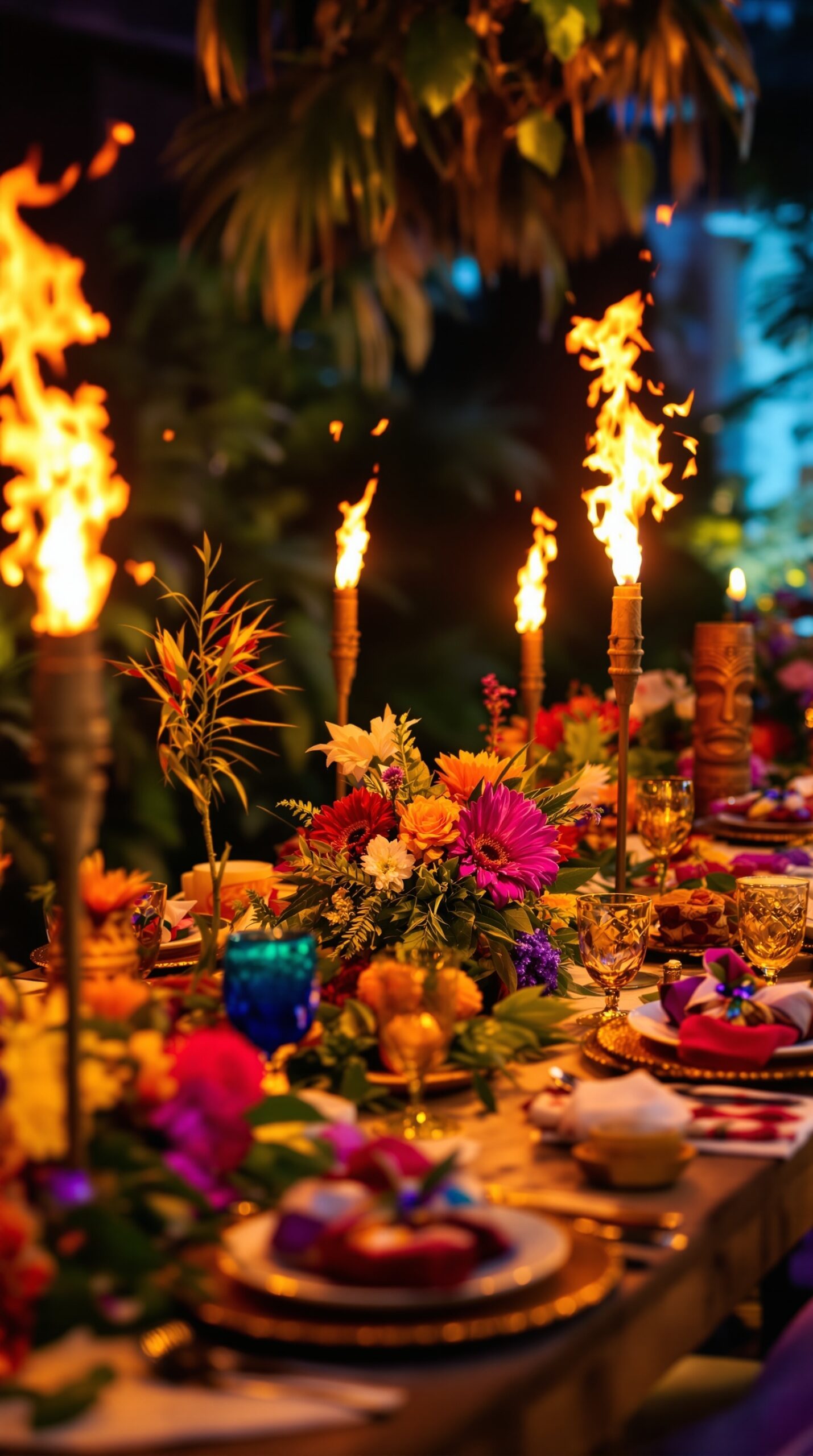 A beautifully decorated dinner table with tropical flowers and tiki torches for a luau theme.
