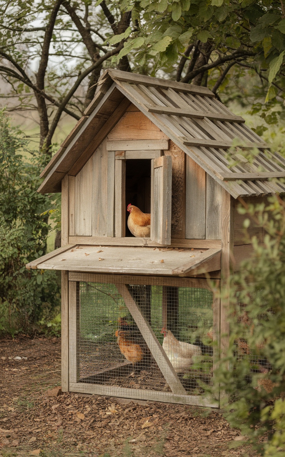 A rustic wooden chicken coop with chickens outside, surrounded by greenery.