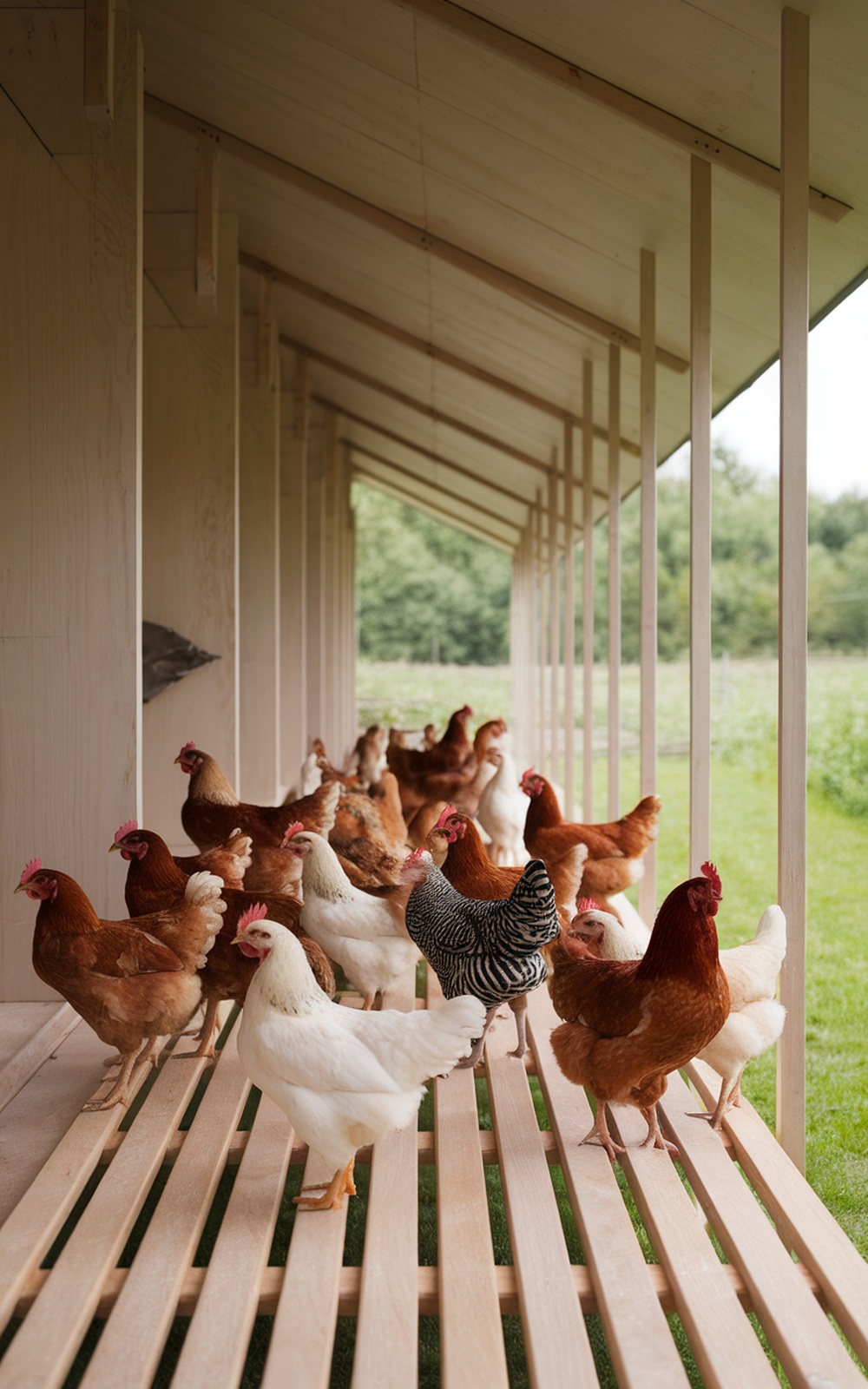 17+ Chicken Coop Plans for 20 Chickens (Spacious & Practical Designs) 7 A modern minimalist chicken coop with a wooden structure and chickens inside.