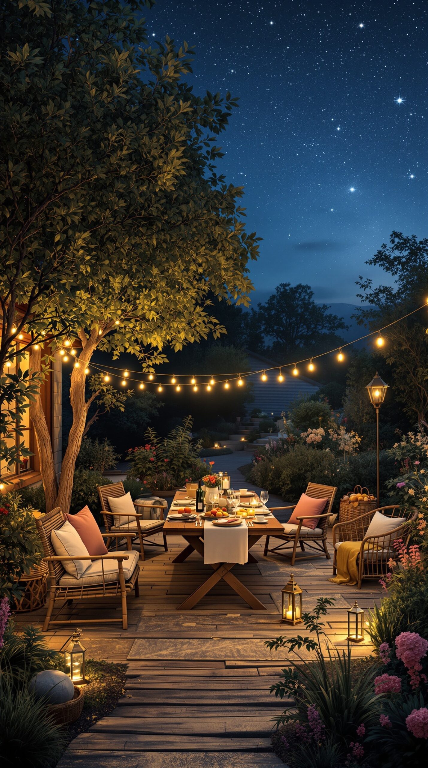 Outdoor dining setup under the stars with string lights and a wooden table.