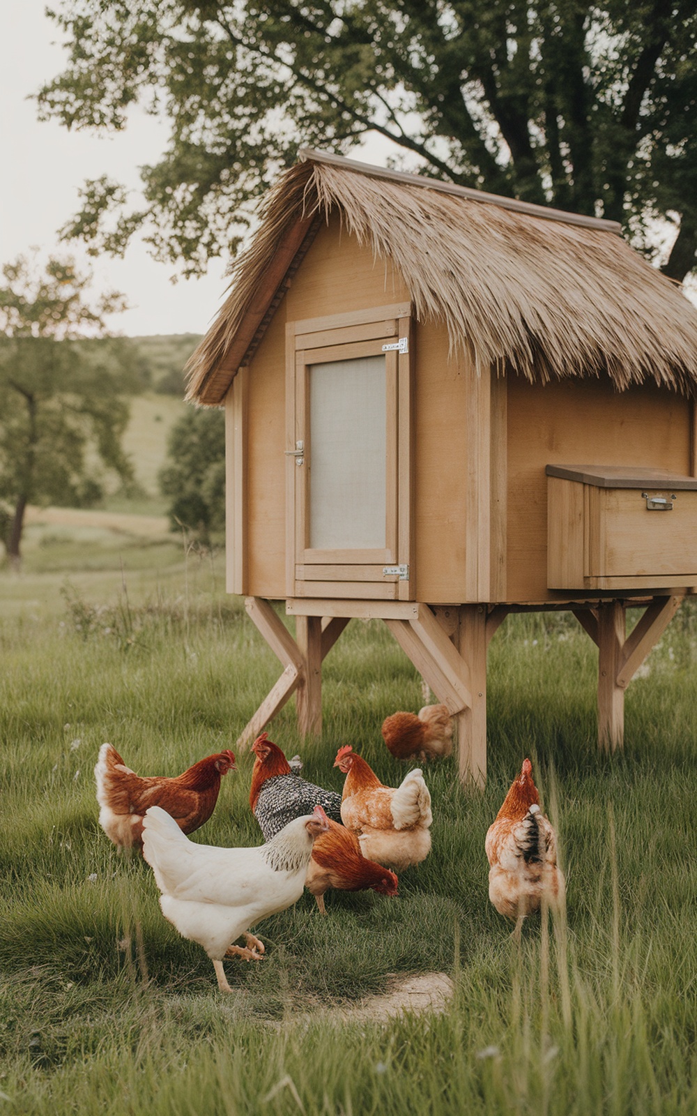 29+ DIY Chicken Coop Plans for a Practical Backyard Setup 16 A raised chicken coop with a thatched roof and several chickens around it in a grassy field.