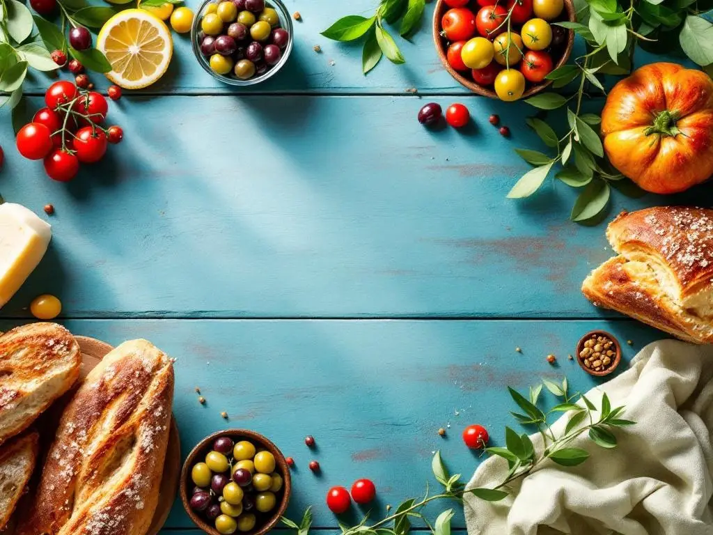 A Mediterranean feast setup with tomatoes, olives, bread, and herbs on a blue table.