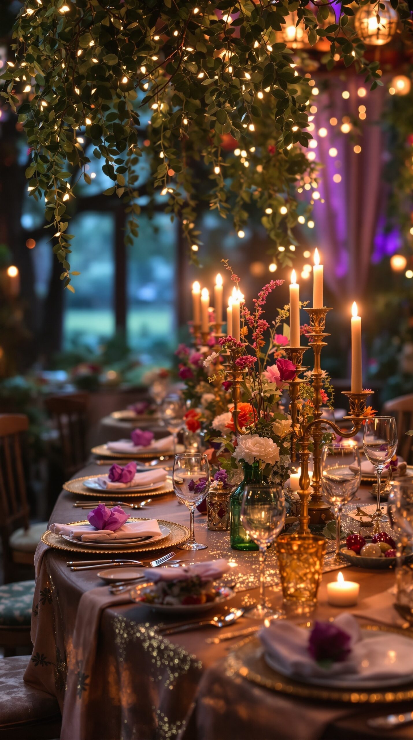 A beautifully decorated dinner table with candles, flowers, and fairy lights.