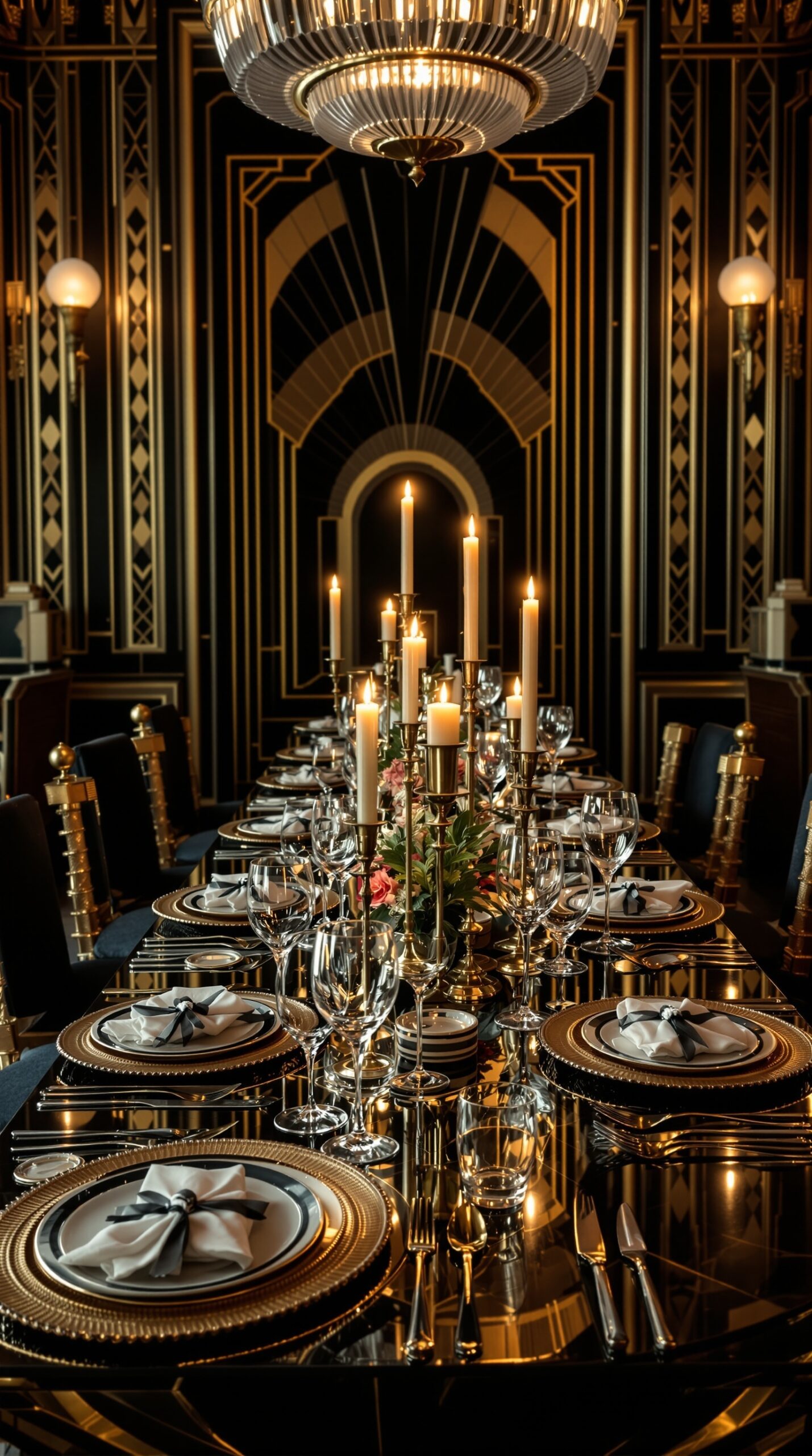 A beautifully set dinner table with Art Deco style decor, featuring elegant tableware and candlelight.