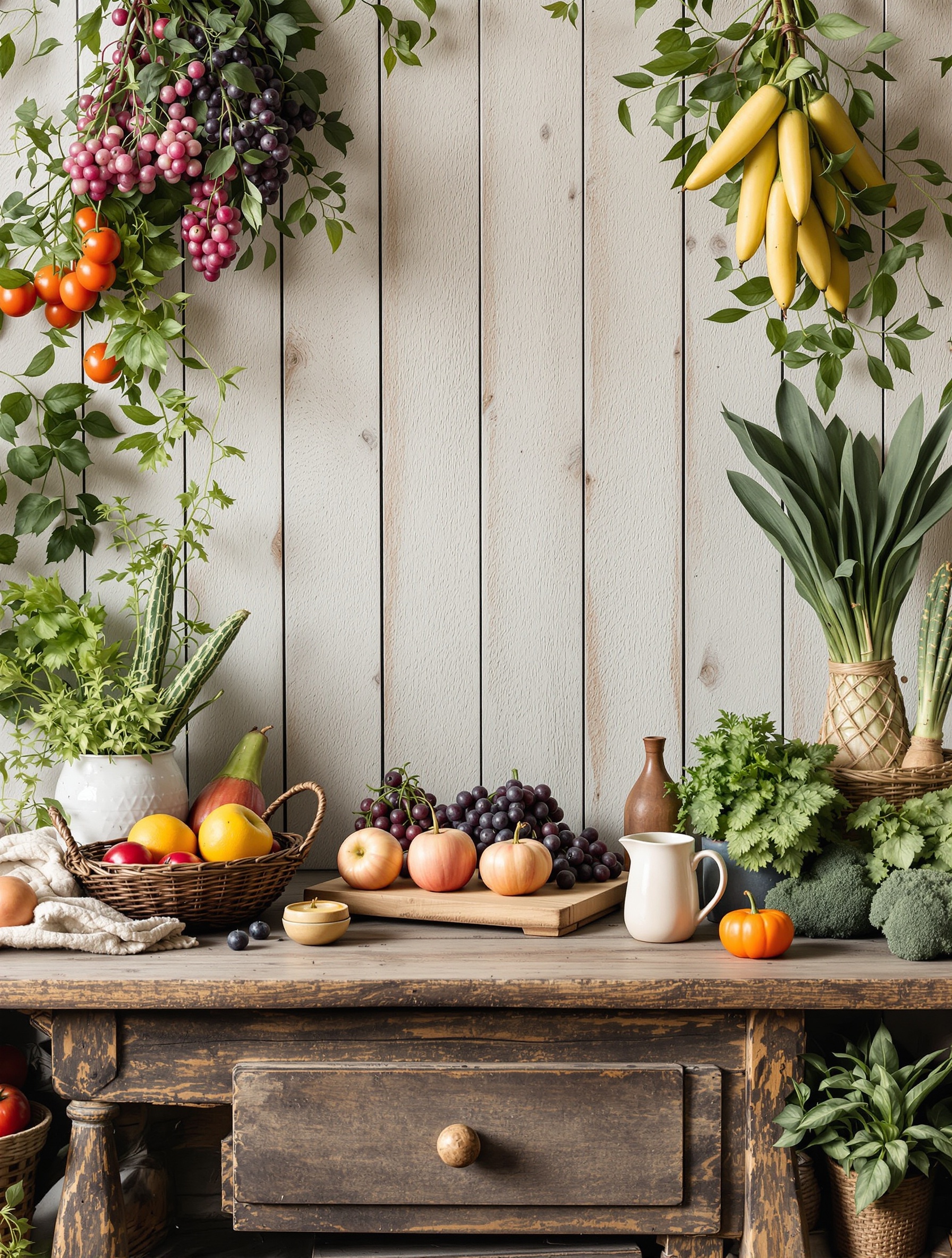 A rustic wooden table decorated with fresh produce including grapes, apples, and greens, set against a light wooden background.