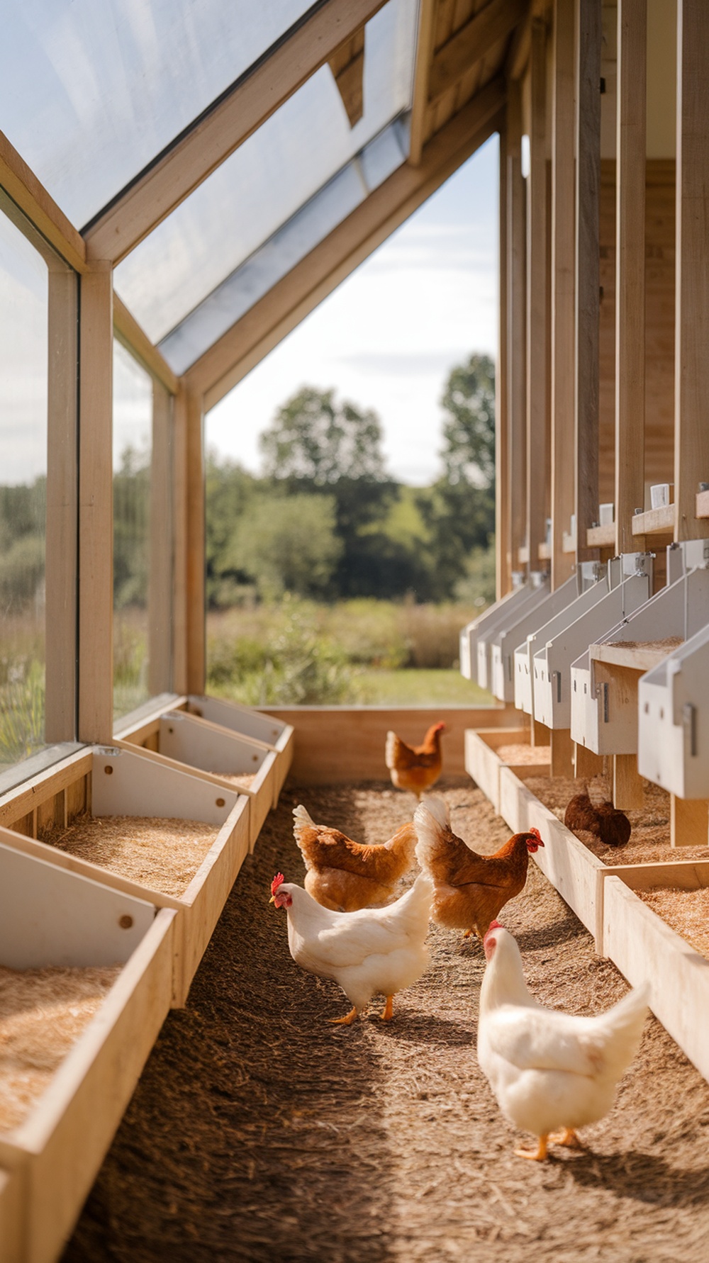 A modern chicken coop with large windows, featuring chickens walking around and nesting boxes.