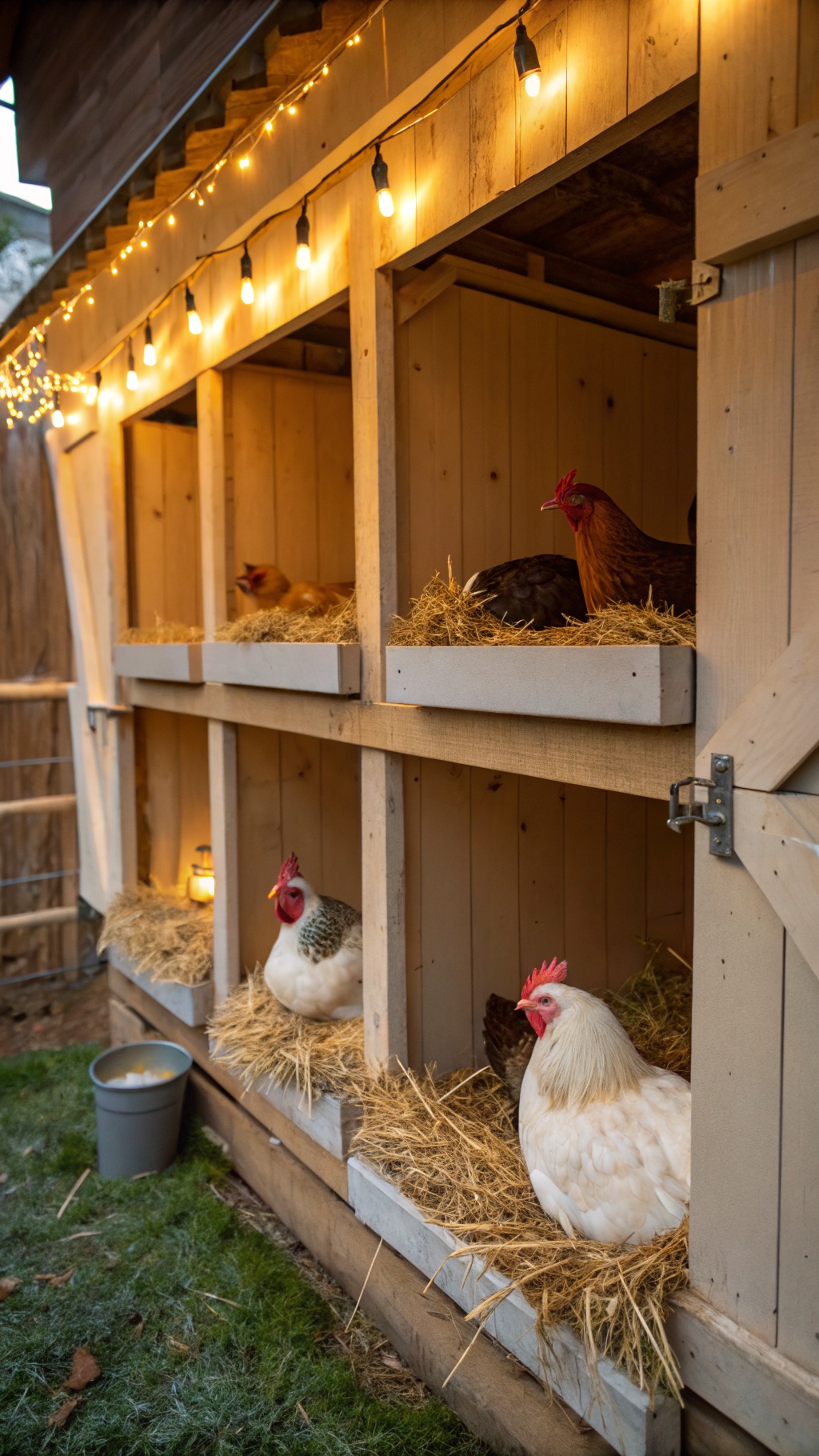 25+ Creative DIY Chicken Pen Ideas for Your Backyard 2 A cozy hen house with multiple nesting boxes filled with straw and string lights.
