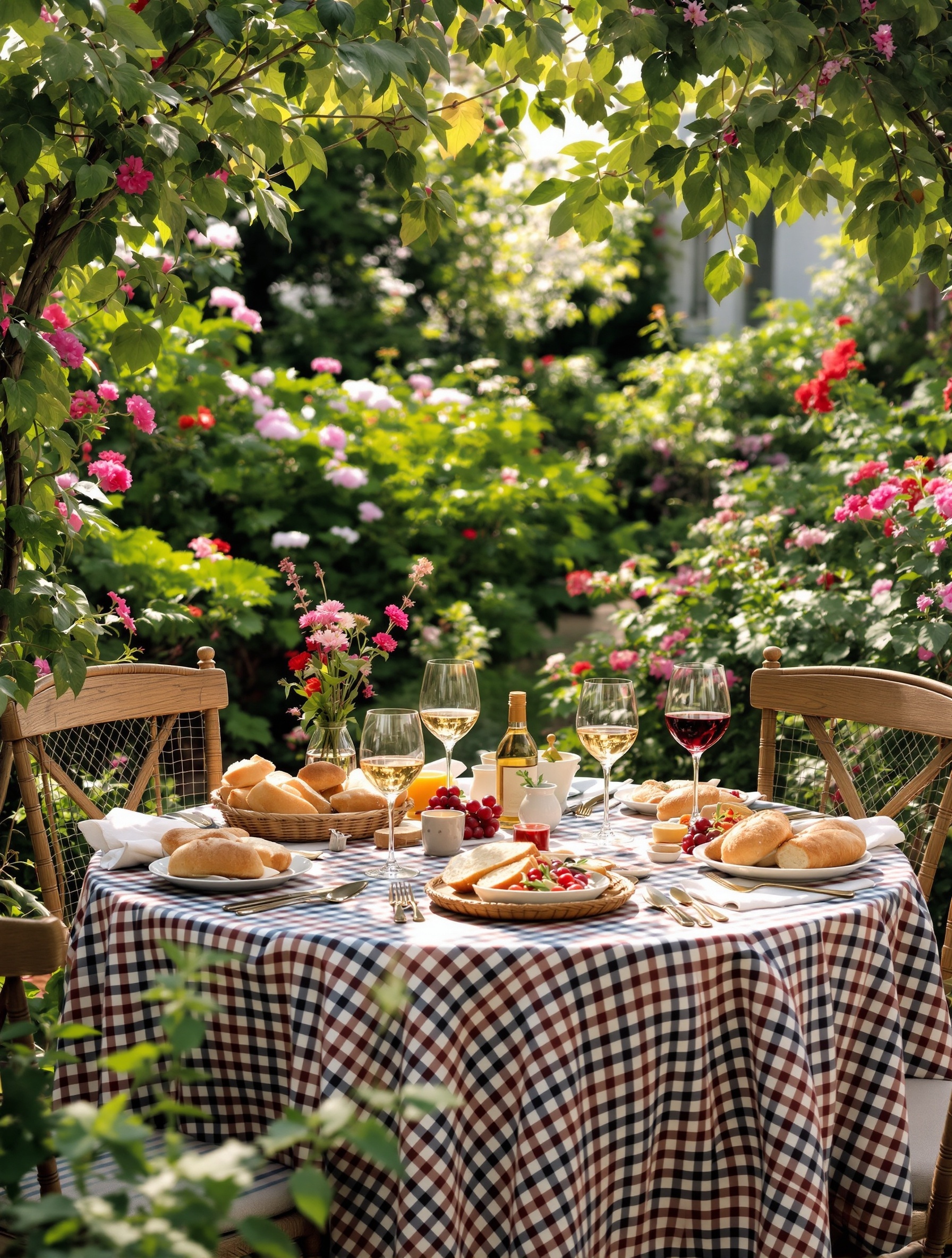 A beautifully set garden table with a checkered tablecloth, surrounded by flowers, featuring wine glasses, bread, and a variety of dishes.