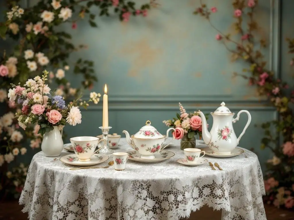 A vintage tea party table setting with floral china, a lace tablecloth, and fresh flowers.