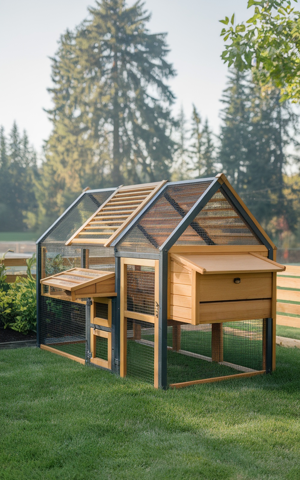 A stylish designer chicken coop with a spacious run, featuring wooden accents and a modern design.