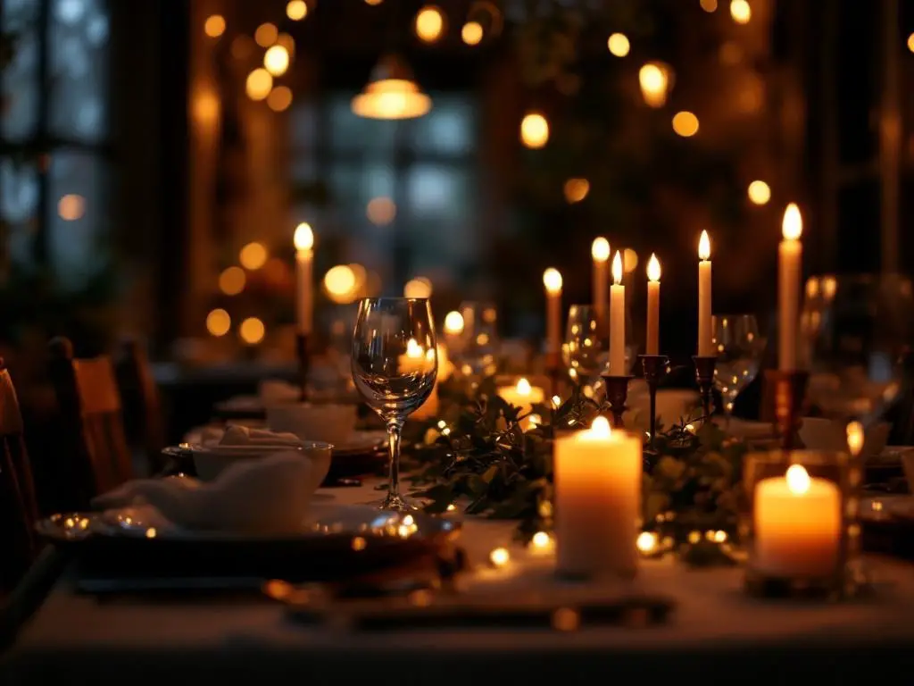 A beautifully set dinner table with candles and fairy lights creating a warm atmosphere.