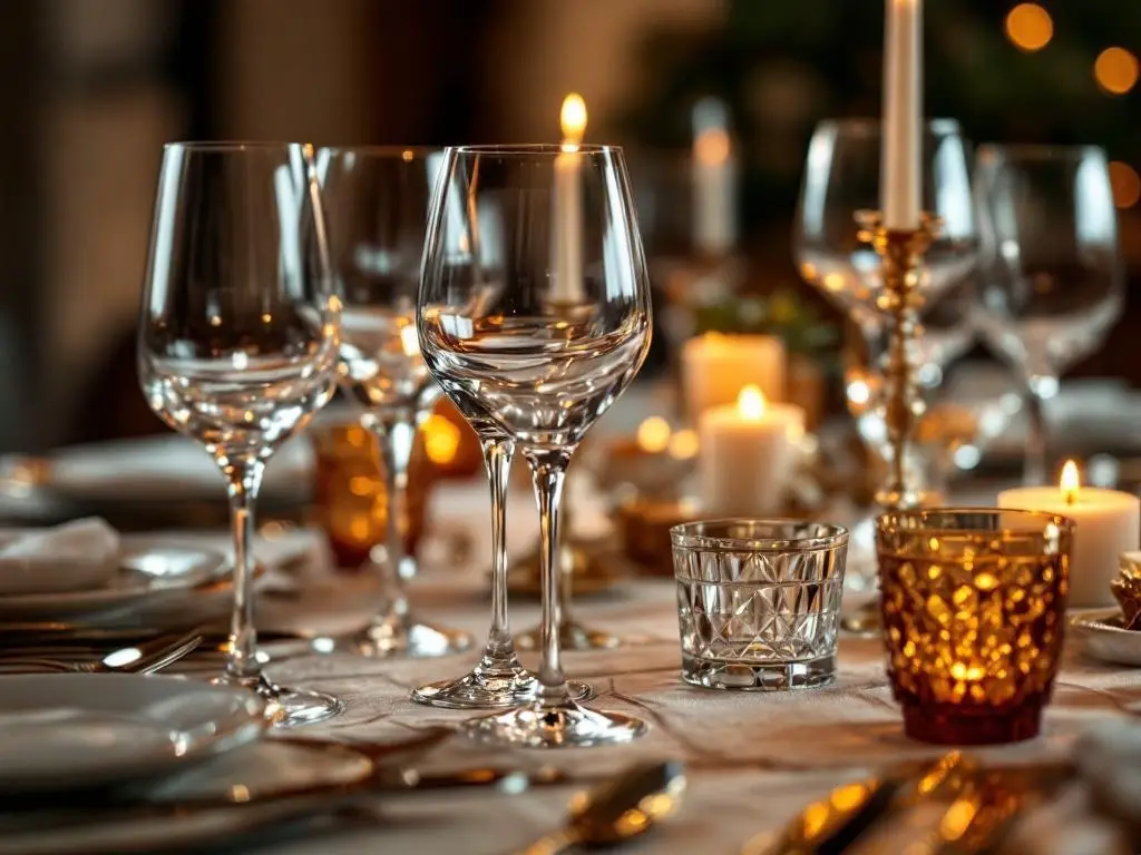 A beautifully set dinner table featuring elegant glassware, candles, and cutlery.