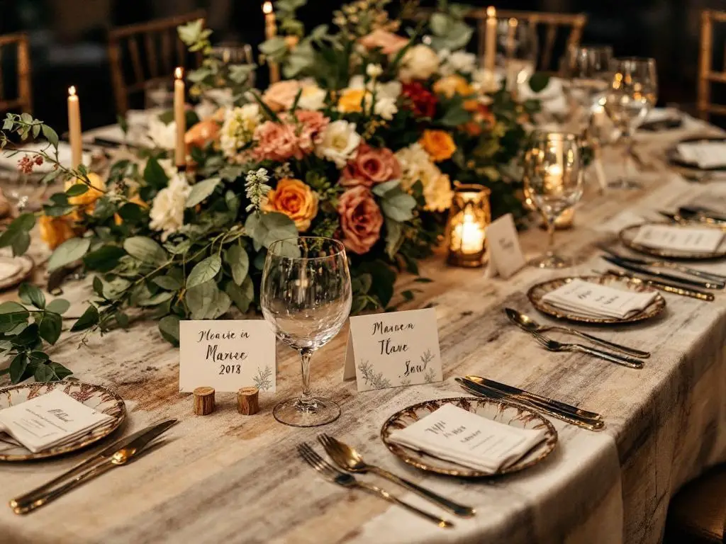 Elegant dinner table setting with floral centerpiece and personalized place cards